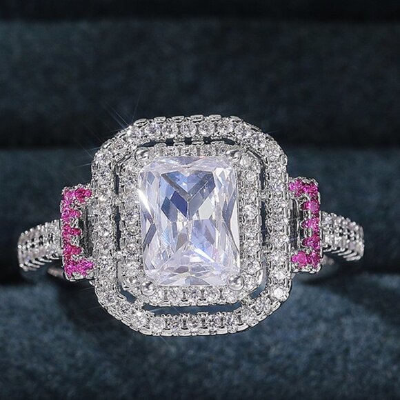Moonlit Vows-925 Silver Chunky Radiant Cut Heart Zircon Ring  ▶Romantic Radiant Shiny Zircon Hollow Silver Ring Women for Women, L097